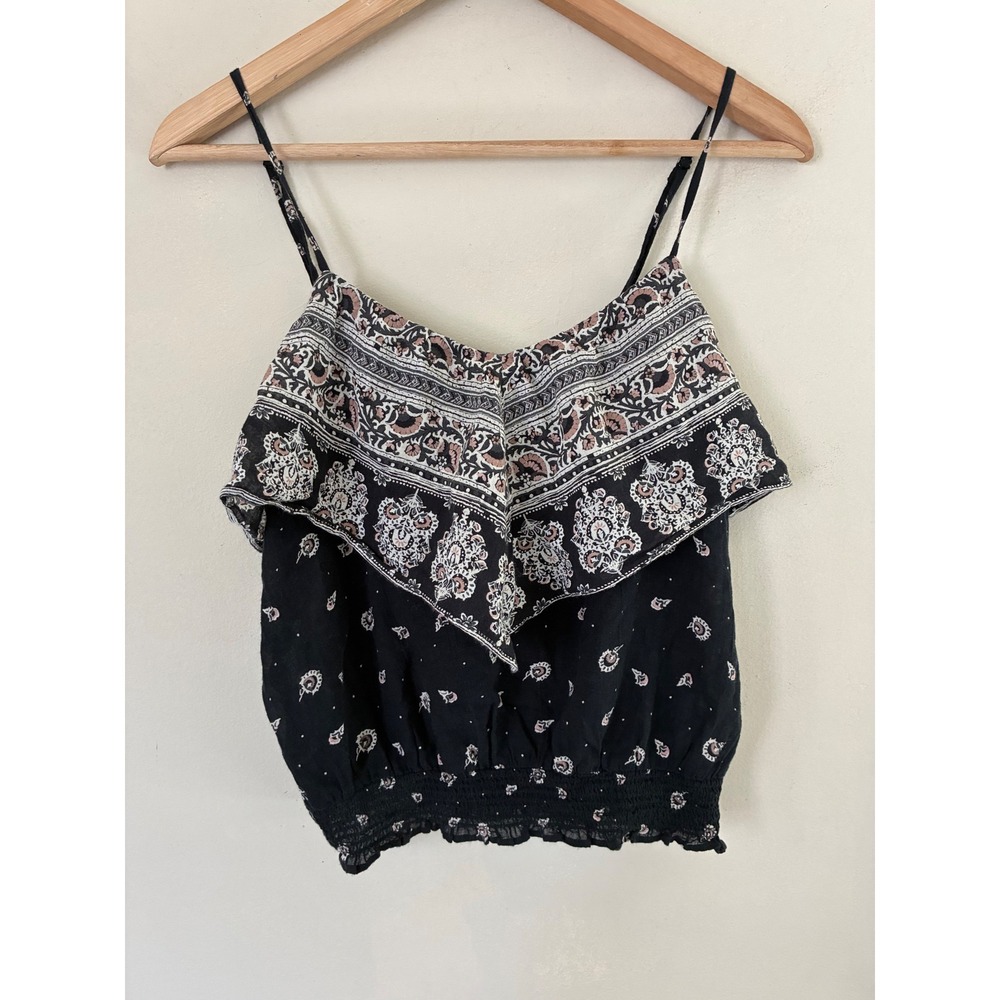 American Eagle‎ Black Paisley Ruffle Smocked Hem Tank Top Camisole Small Boho